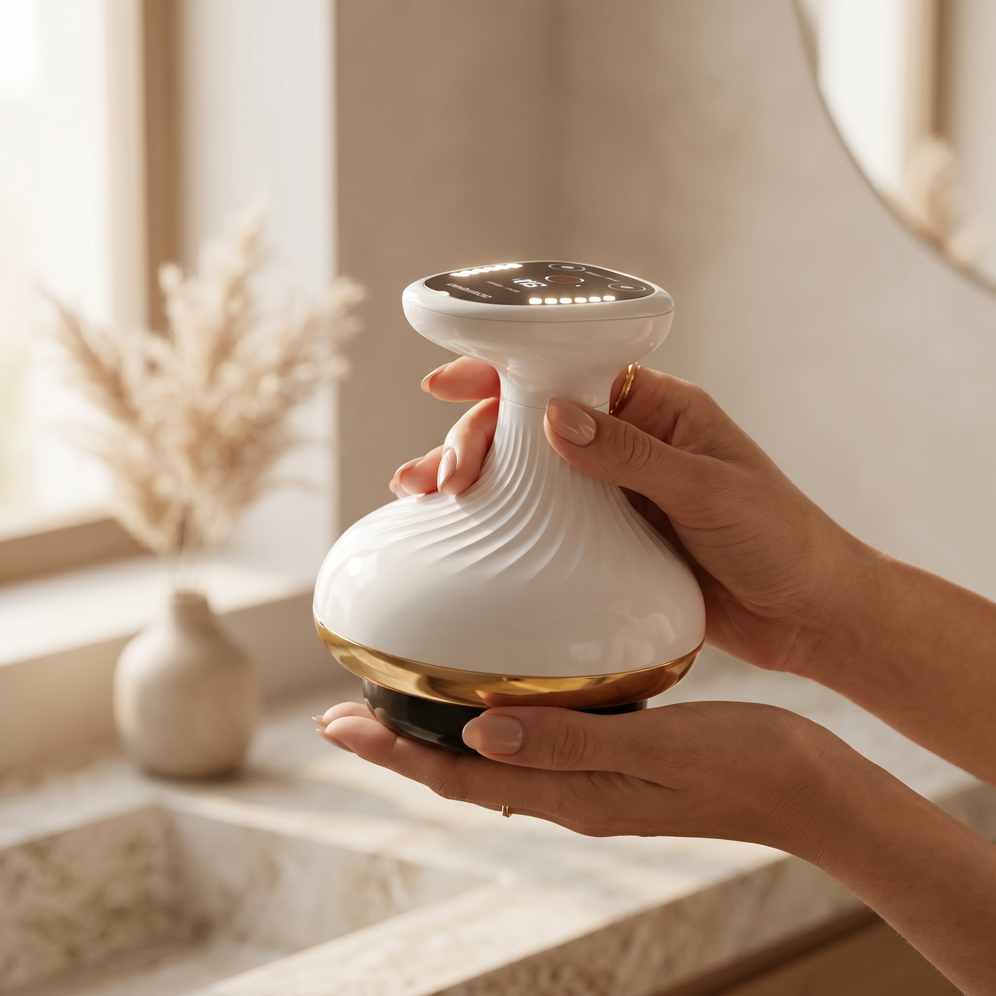 SheShine massager held in hand with digital display glowing