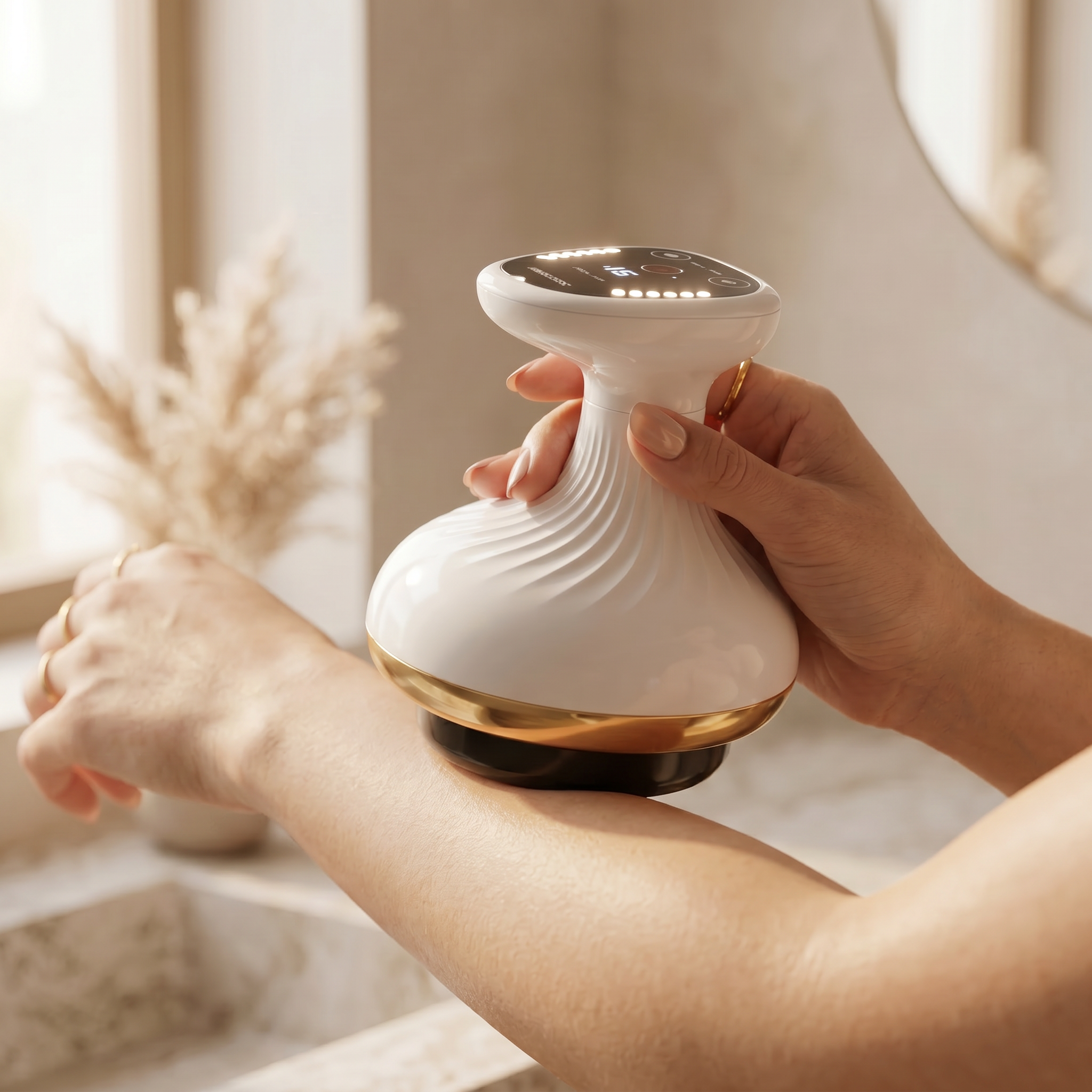 Woman using the SheShine massager along her forearm